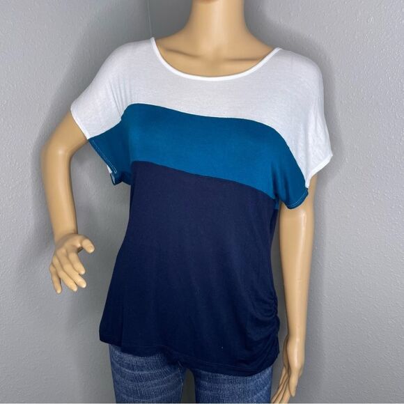 Love J Short Sleeve Color Block Striped Blouse Size Large Teal Navy Blue White - Picture 1 of 10
